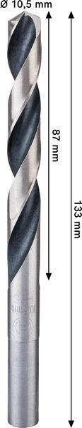 Bild der Produktabmessungen, Kreuzbohrer, Schneidwerk, Spiral-Bohrer, Stahl-Schliff, Durchmesser 10,5 mm
