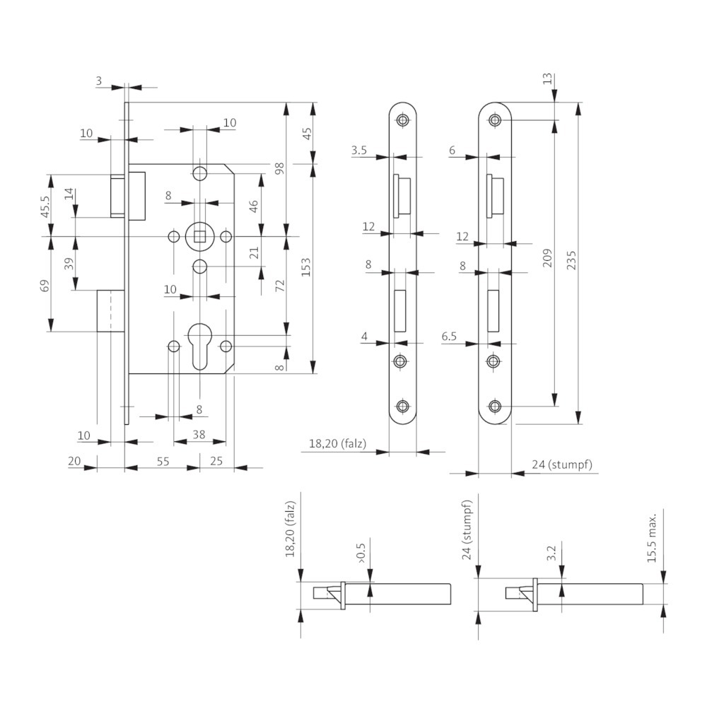 BKS Einsteckschloss 0415, PZW72/8,D55,F20x235ktg,NiSi,DR