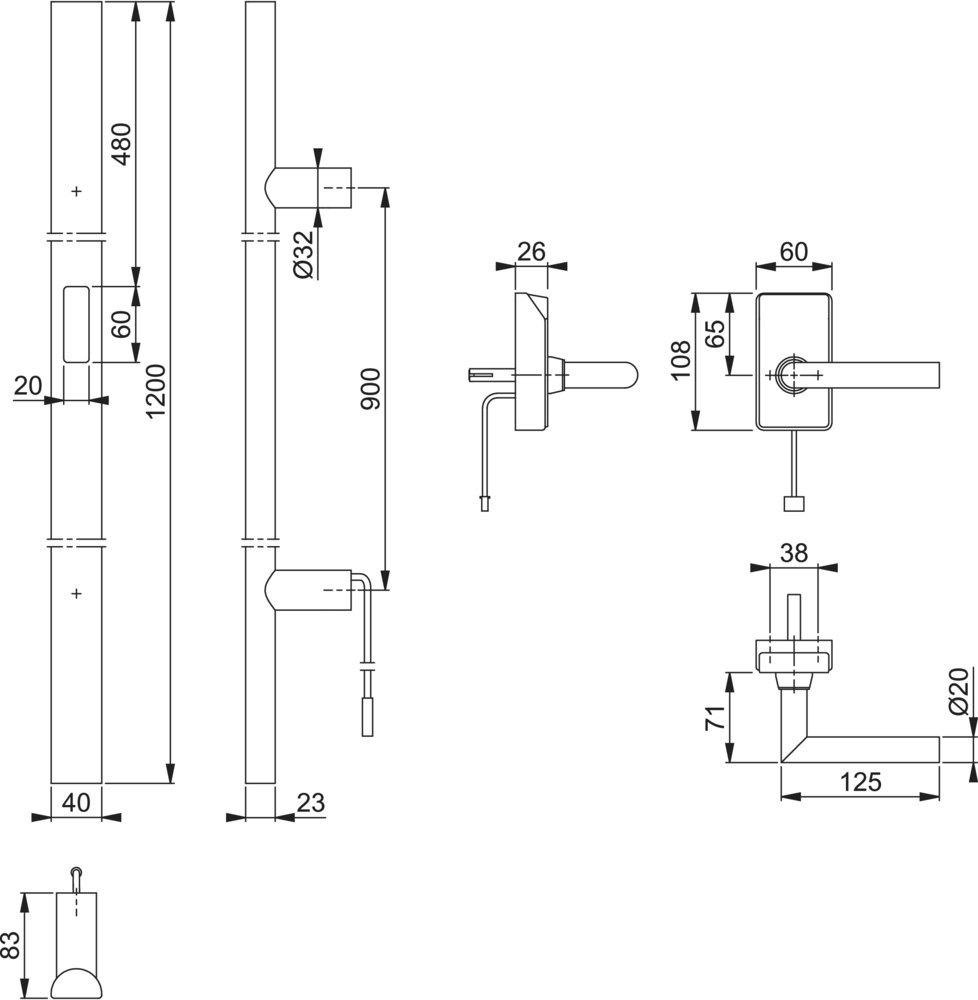 Badehahn, Wandmontiert, Stahl, rechteckiger Hebel, Auslauflänge 125mm