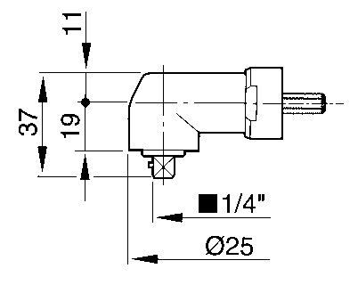 Bild der Produktabmessungen, L-Forma Bohrfutter, Rechtwinkliger Bohraufsatz, Zwischenhandgriff, 1/4 Zoll Stecker, Ø25 mm