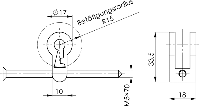Torsionsschloss, Scharnierbolzen, Ringschnitt, Montageschiene, Schlüsselweite M5x70