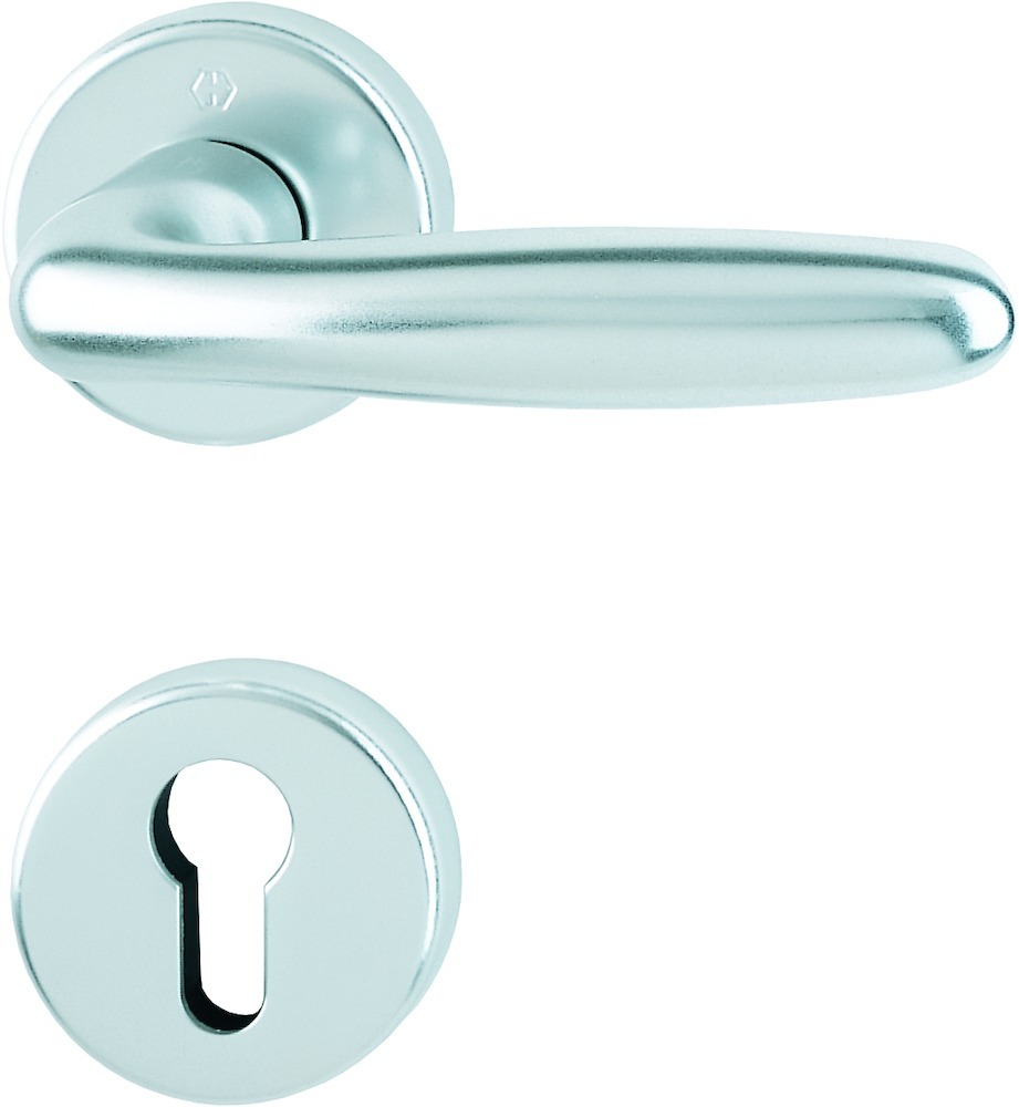 HOPPE Drückergarnitur Verona 1510/42KB/42KBS, Rosette, rund, Profilzylinder gelocht, Vierkant 8mm, DIN Links-Rechts, Türstärke 37 - 42mm, mit Stütznocken, naturfarben eloxiert mit Rückholfeder