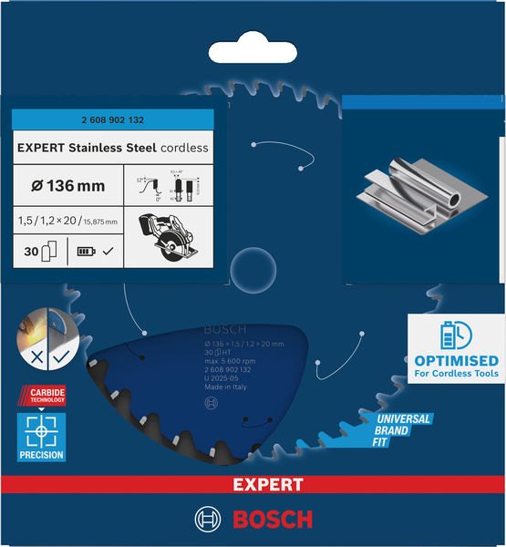 Produktbild Verpackung, Edelstahl, akkubetriebenes Werkzeug, Sägeblatt, Ø136mm, 30Zähne