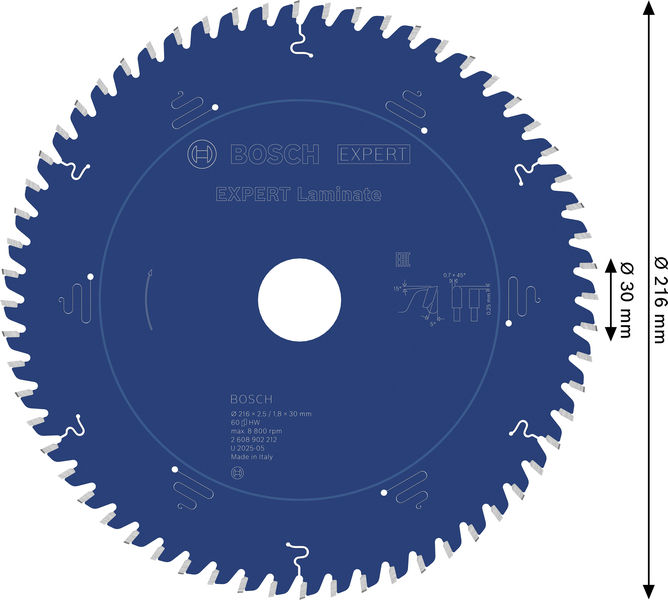 Bild der Produktabmessungen, Durchmesser 216mm, blauer Scheibensatz, Kreissägeblatt, Zahnmuster, Bosch Expert Laminatschliff