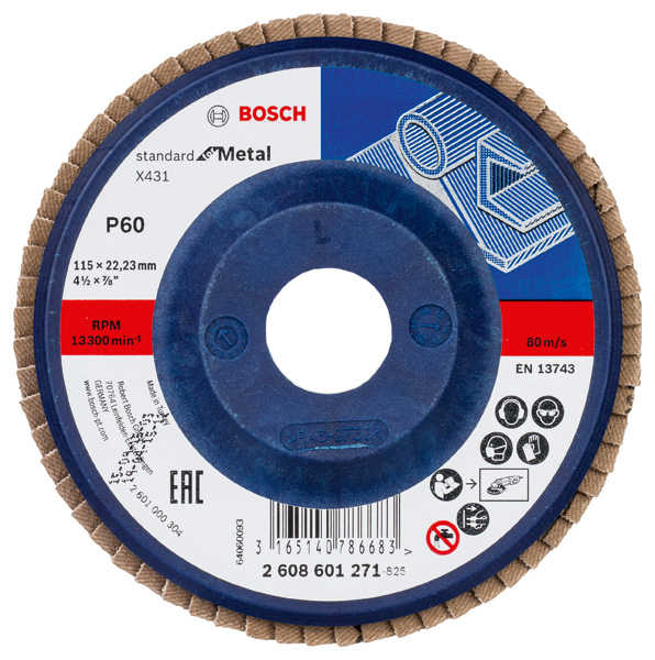 Bosch Fächerschleifscheibe X431 Standard for Metal, gerade, 115 mm, 60, Kunststoff