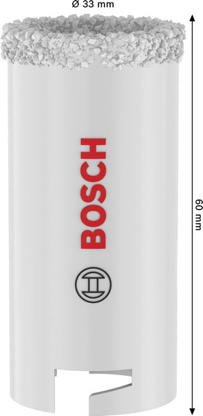 Bild der Produktabmessungen, electricer Bohrer, Karbidspitze, Zylinderbohrer, Schleifsloch, BOSCH-Logo