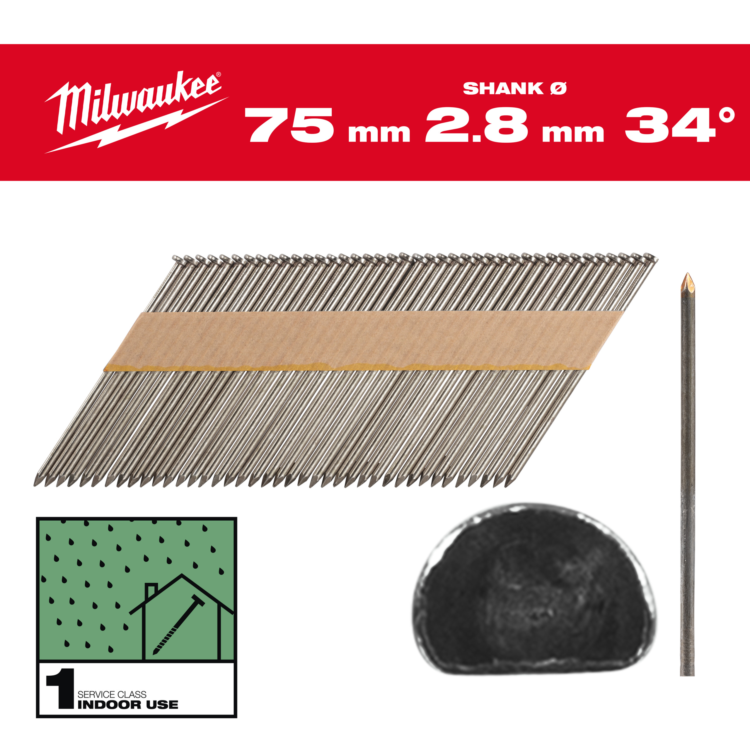 Milwaukee Nägel 7,4 x 2,8 75 mm, Glattschaft Stahl blank, 34° D-Kopf-Nägel für M18FFN