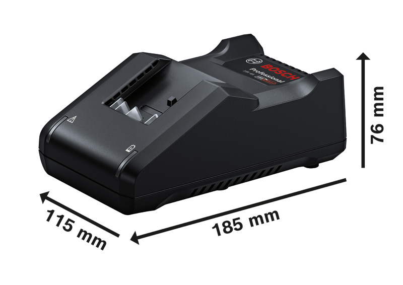 Bild der Produktabmessungen, Lithium-Ion, Ladegerät, Akkuladegerät, Bosch, Wiederaufladbar