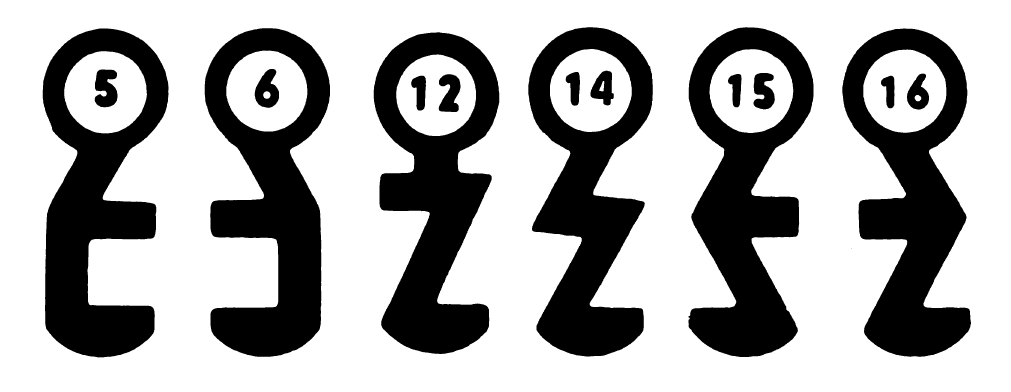 Schlüsselformen, 6-Tasten, Zahlen, weißer Hintergrund, schwarze Silhouette