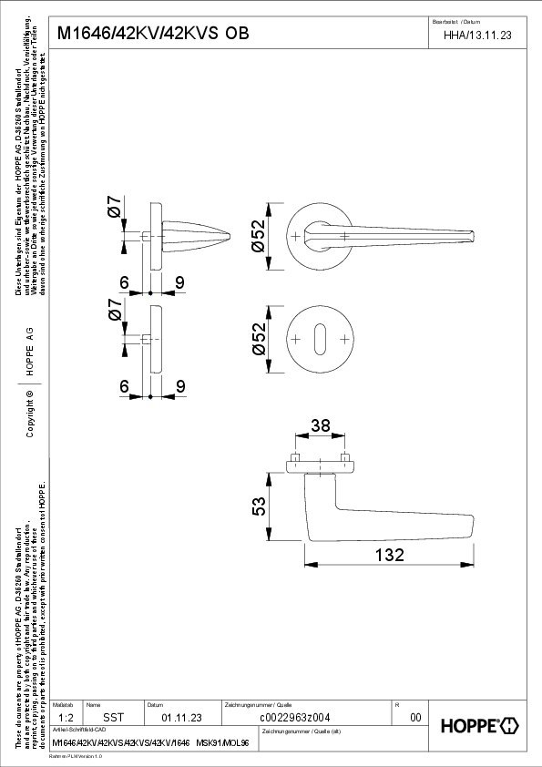 HOPPE Drückergarnitur Macau M1646/42KV/42KVS, Rosette, rund, Buntbart gelocht, Vierkant 8mm, Türstärke 37 - 47mm mit Stütznocken, satiniert verchromt-Resista