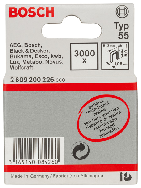Bosch Schmalrückenklammer Typ 55, geharzt 6 x 1,08 x 19 mm, 3000er-Pack
