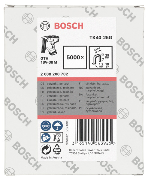 Bosch Schmalrückenklammer TK40 25G, 5,8 mm, 1,2 mm, 25 mm, verzinkt, 5000er-Pack