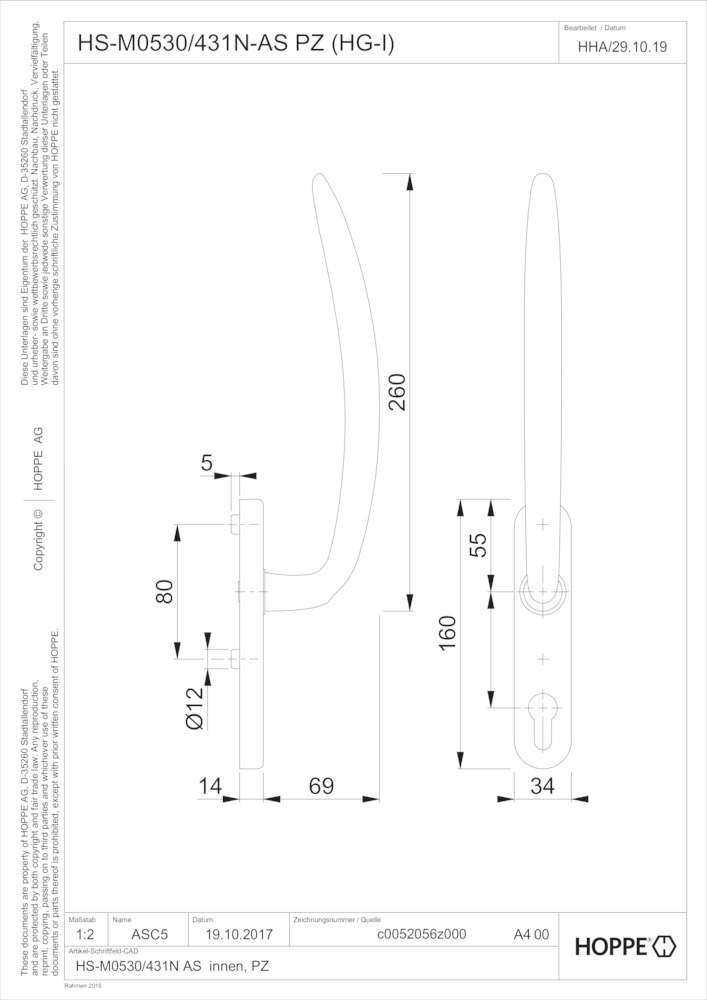 HOPPE Handhebelgarnitur Atlanta HS-M0530/431N-AS, innen, PZ Profilzylinder gelocht