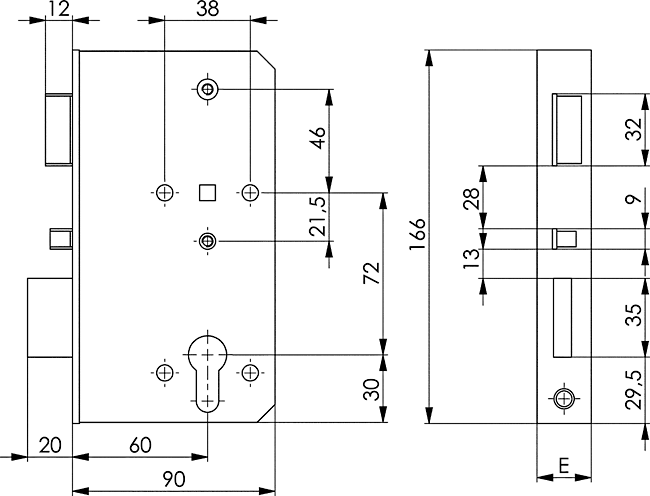 mechanische Verriegelung, elektromechanische Schloss, Sicherheitsschloss, Türschloss, Maßzeichnung
