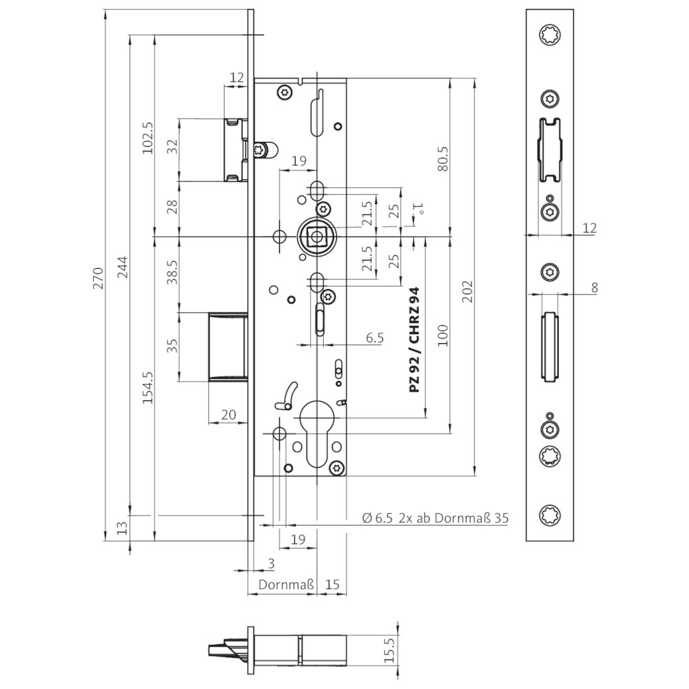 Schlossprofil, Bügel mortise, Stahl, Technische Zeichnung, Schlosskörper