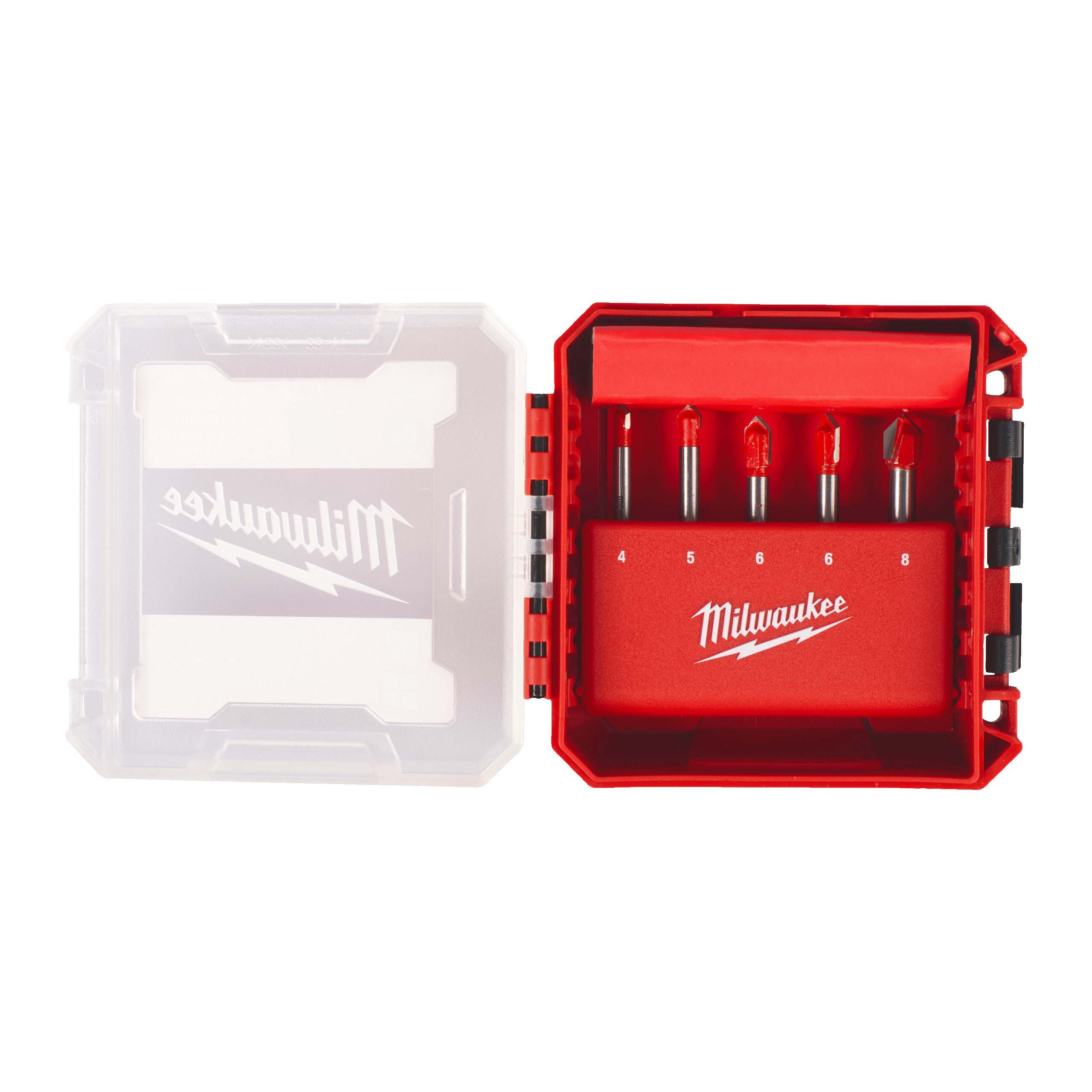 Milwaukee Glas-/Fliesenbohrer-Set 4, 5, 6, 8 mm in PACKOUT kompatibler Kassette Glas-/Fliesenbohrer Set 5-teilig