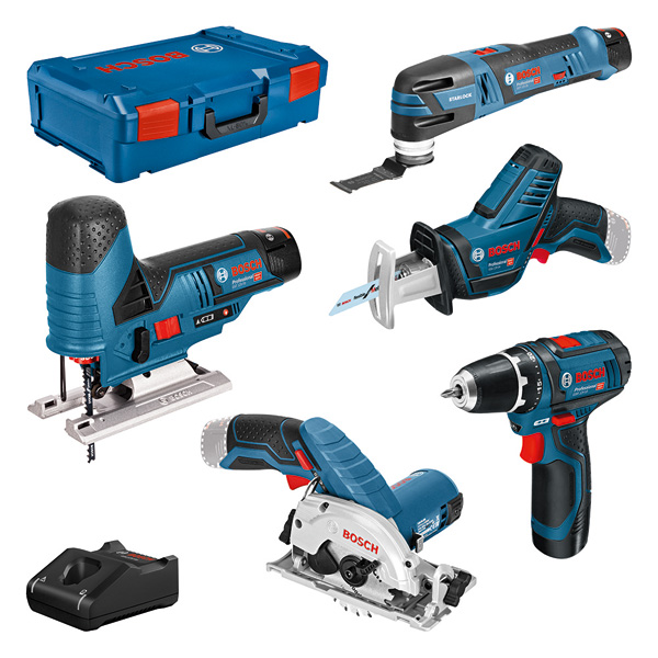 Bosch Akku-Combo Kit 5er-Werkzeug-Set 12V: Bohrschrauber GSR + Stichsäge GST + Multi-Cutter GOP + Kreissäge GKS + Säbelsäge GSA + 3x GBA 3.0Ah + Ladegerät GAL + XL-BOXX