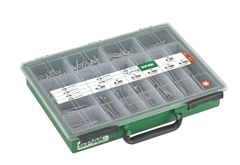 SPAX Sortimentkoffer, Schrauben-Set 387 Stück in 14 Abmessungen, Senkkopf, T-STAR plus