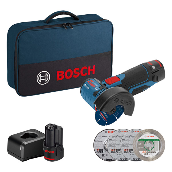 Bosch Akku-Winkelschleifer GWS 12V-76, mit 2 x 2.0 Ah Li-Ion Akku
