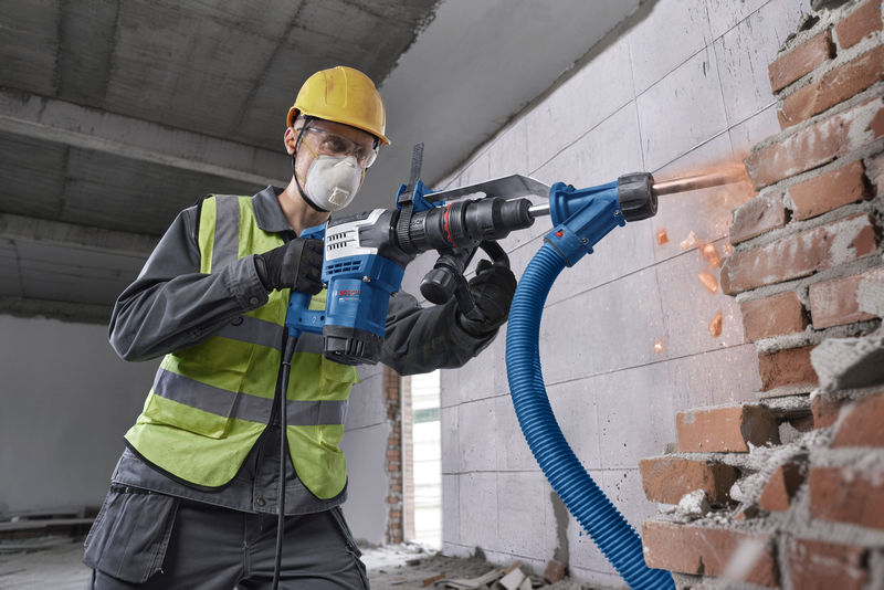 Anwendungsbild, construction, drilling, jackhammer, safety gear, brick wall