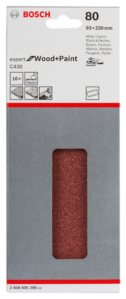 Bosch Schleifblatt C430, 93 x 230 mm, 60, 8 Löcher, gespannt, 10er-Pack