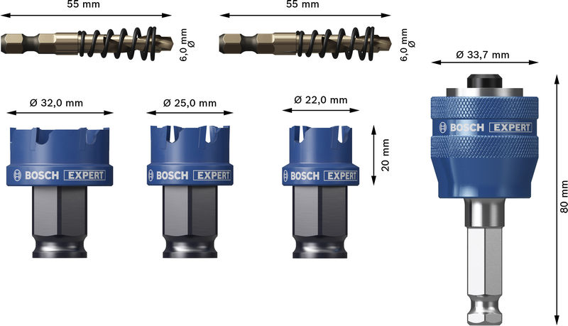 Bild der Produktabmessungen, Steckbohrer, Bithalter, Spiralbohrer, Schraubarbeiten, Bosch Expert