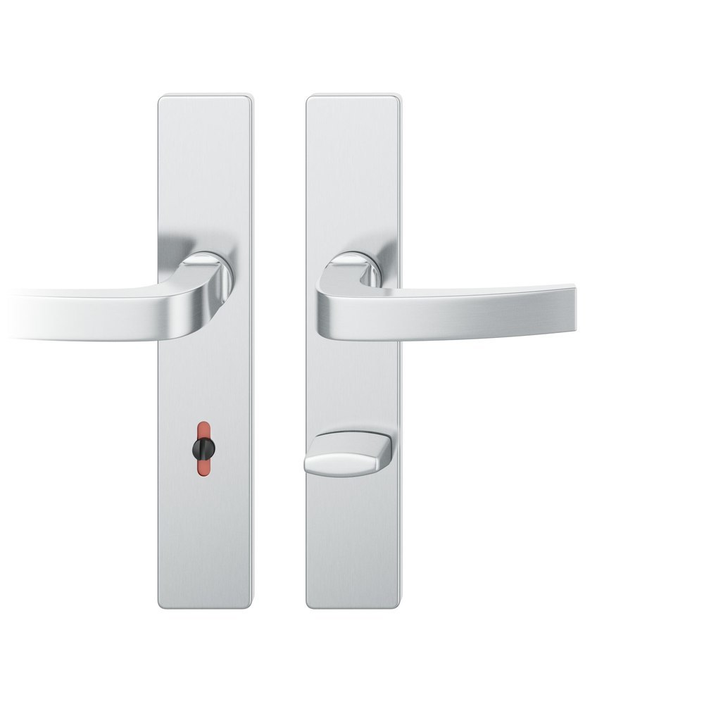 FSB Drückergarnitur 12 1163, Langschild, eckig, WC Schauscheibe/Schlitzkopf, Entfernung 78mm, Vierkant 8mm, Riegel-Vierkant 8mm, DIN Links-Rechts, Türstärke 39 - 58mm, mit Stütznocken, edelstahl fein matt, Adapter-Standardlager