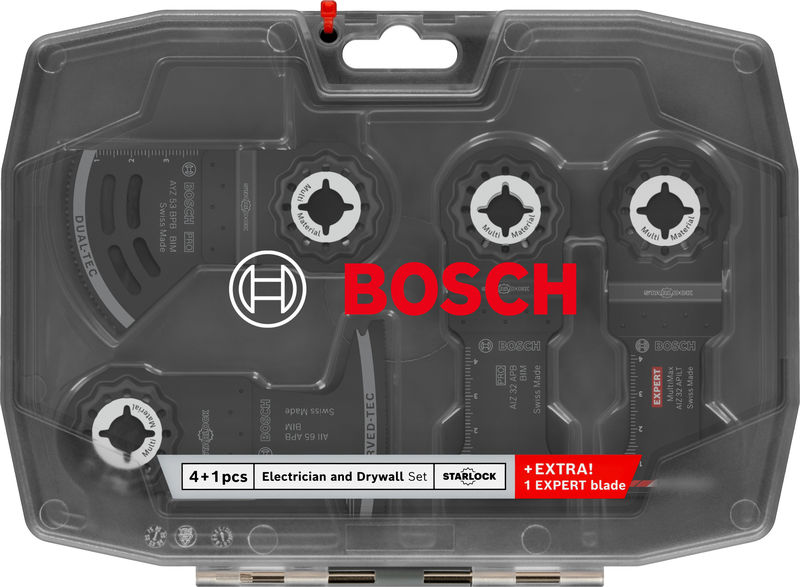 Produktbild Verpackung, Elektrowerkzeug-Set, Bohr-/Schraubendreher, Elektriker- und Trockenbau-Set, Bosch-Set, 3- bzw. 4+1 Teile