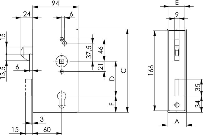 door lock, mortise lock, metal, hardware, dimensions
