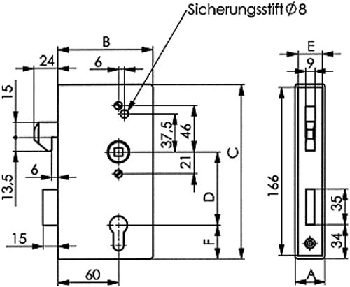 Mechanischer Schließzylinder, Sicherheitsschloss, Schlossabmessungen, Schlüsselposition, Montagewinkel