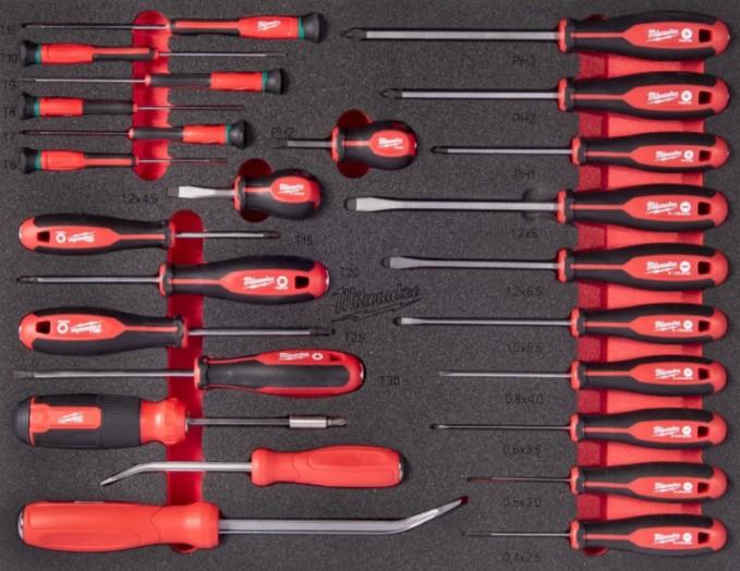 Milwaukee 38-teilige Einlage für Werkstattwagen Tri-Lobe Schraubendreher und Stemmeisen Einlage