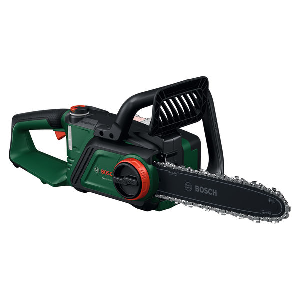 Produktbild, Kettensäge, Batteriekettensäge, Grün, Schwarze Kette, Rot-Drehknopf