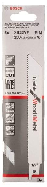 Bosch Säbelsägeblatt S 1122 HF, Flexible for Wood and Metal, 5er-Pack