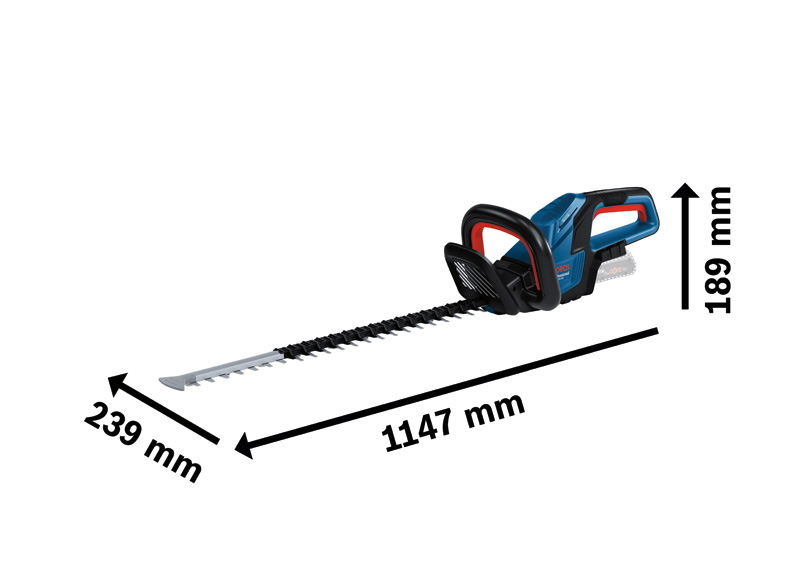 Bild der Produktabmessungen, Heckenschere, Elektro-Heckenschere, Zweihand-Griff, Klingenseite, Metallzähne