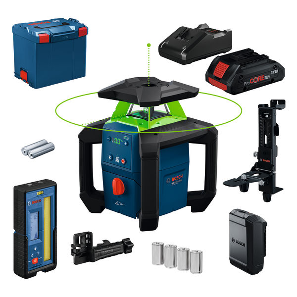 Produktbild Lieferumfang, akku-ladestation, nivellier-laser, werkzeug-zubehör, batterien, bosch-gerät