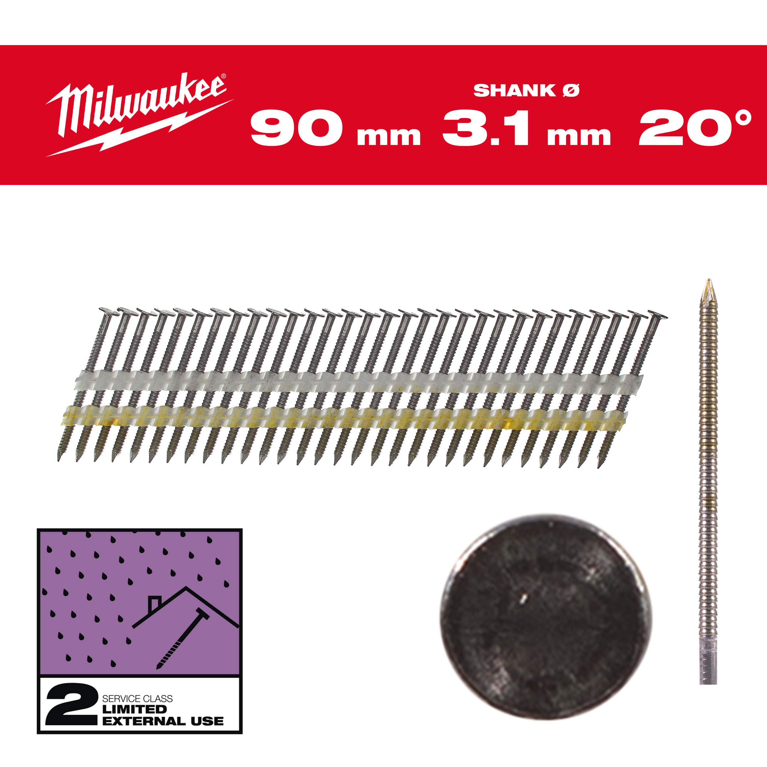 Milwaukee Nägel 7,4 x 3,1 90 mm, Ringschaft verzinkt, 20° Rundkopf-Nägel für M18FFN21