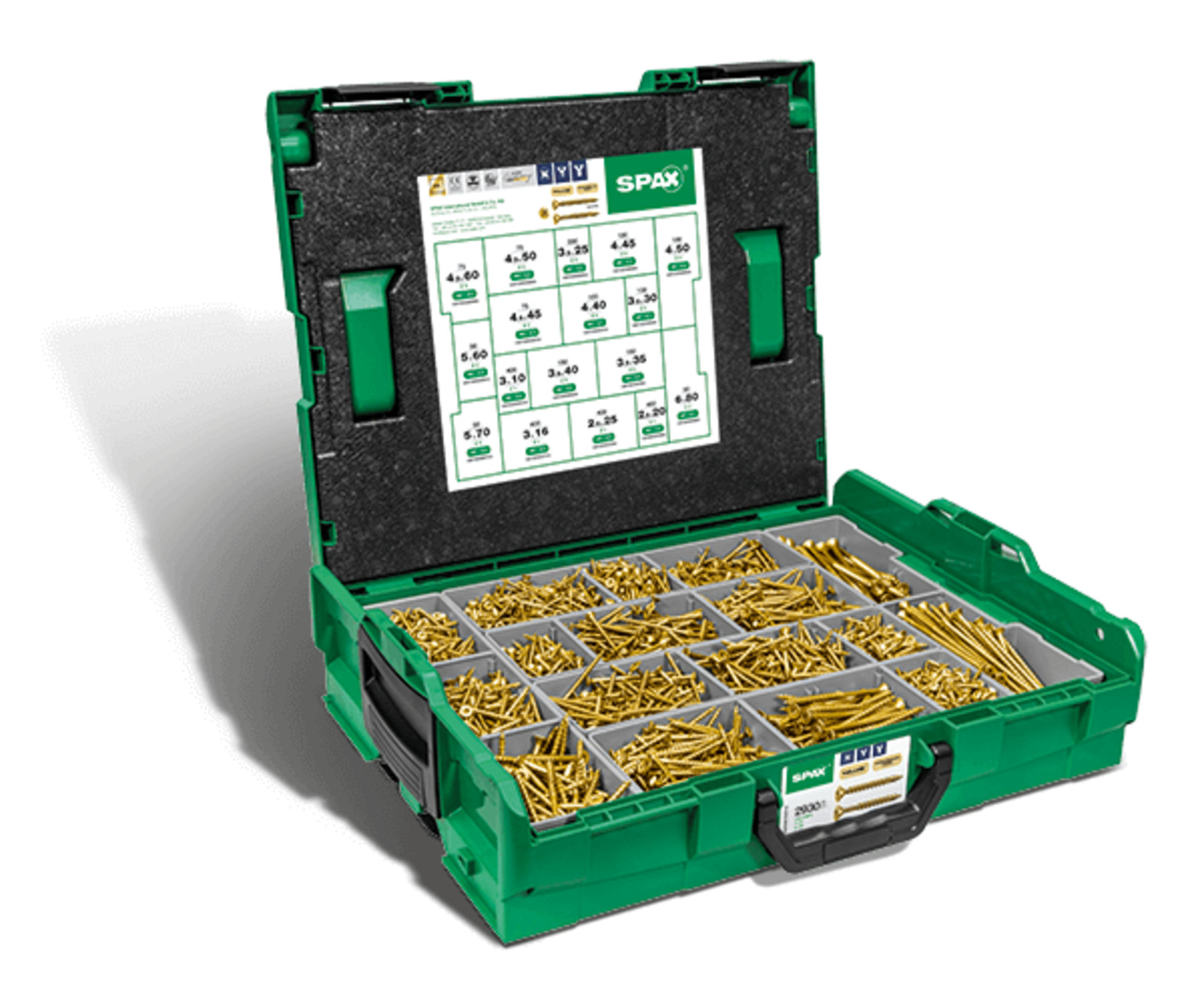 SPAX Montagekoffer L-BOXX, Schraubenset mit 17 Abmessungen, Senkkopf, Kreuzschlitz Z, 4CUT, YELLOX