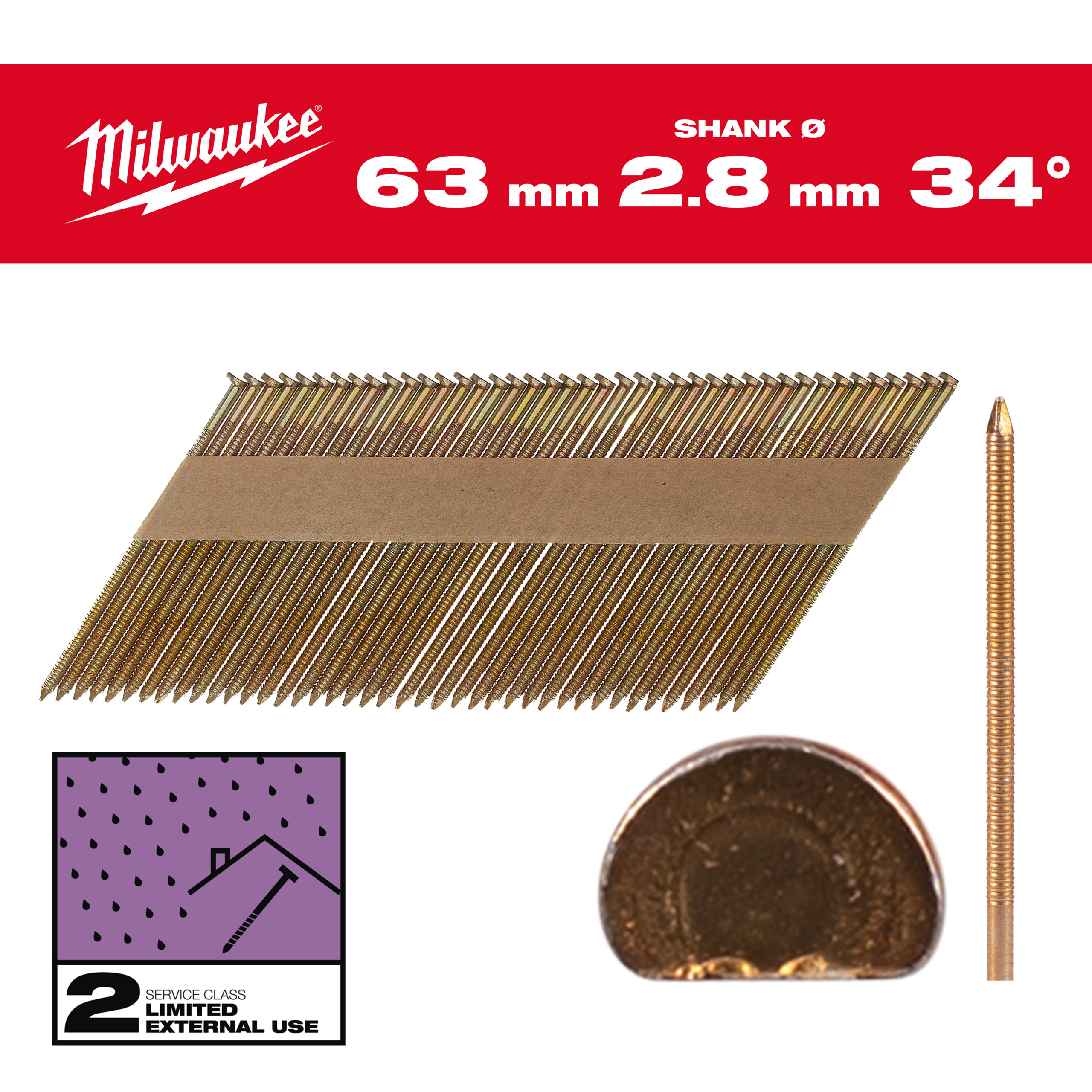 Milwaukee Nägel 7,4 x 2,8 63 mm, Ringschaft verzinkt, 34° D-Kopf-Nägel für M18FFN