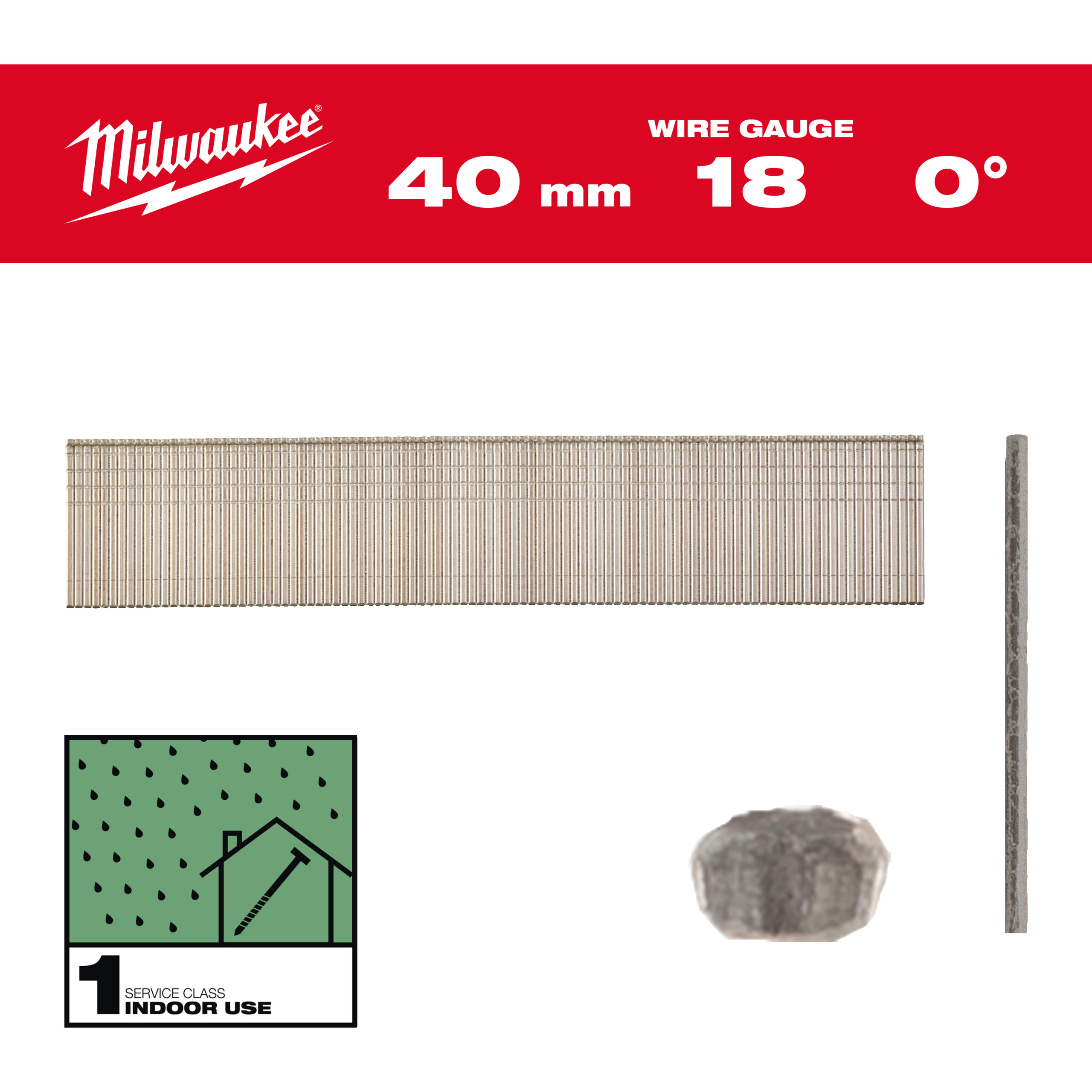 Milwaukee Nägel 1,05 x 1,25 40 mm verzinkt, 0° Stauchkopf-Nägel 18 Gauge für M18FN18GS & M18CN18GS