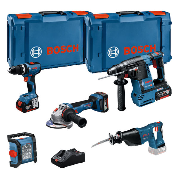 Bosch Combo Kit 18V-Set 5 teilig: Schlagbohrschrauber, Bohrhammer, Winkelschleifer, Säbelsäge, Bauleuchte + 3x Akku