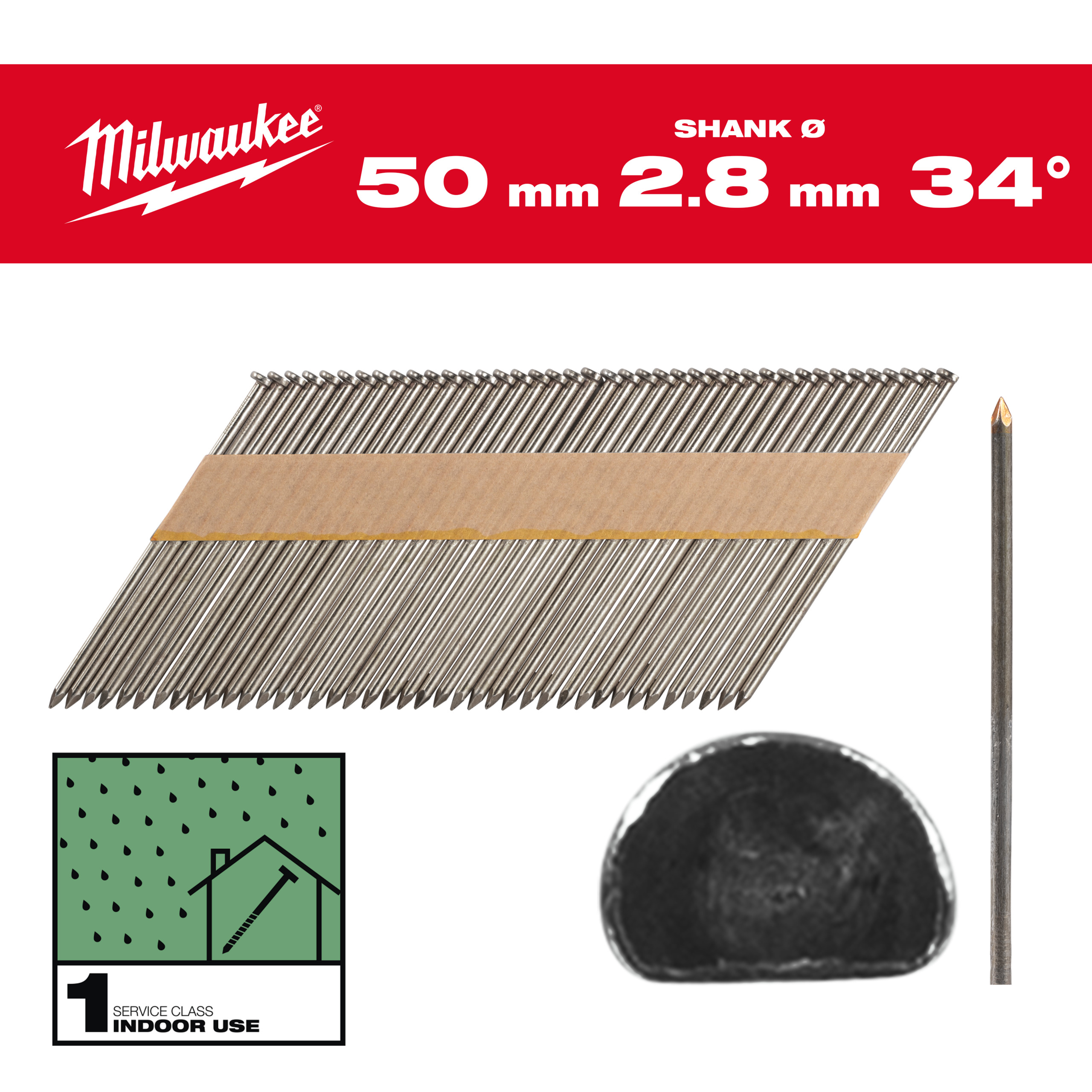 Milwaukee Nägel 7,4 mm, Glattschaft Stahl blank, 34° D-Kopf-Nägel für M18FFN