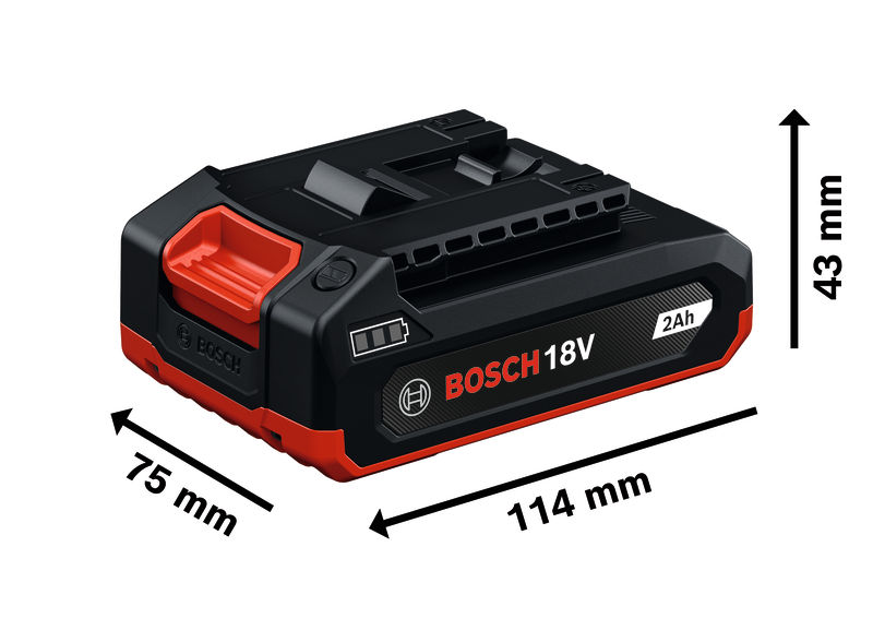 Bild der Produktabmessungen, Akku, Batterie, Bosch 18V, Li-Ion, 2Ah