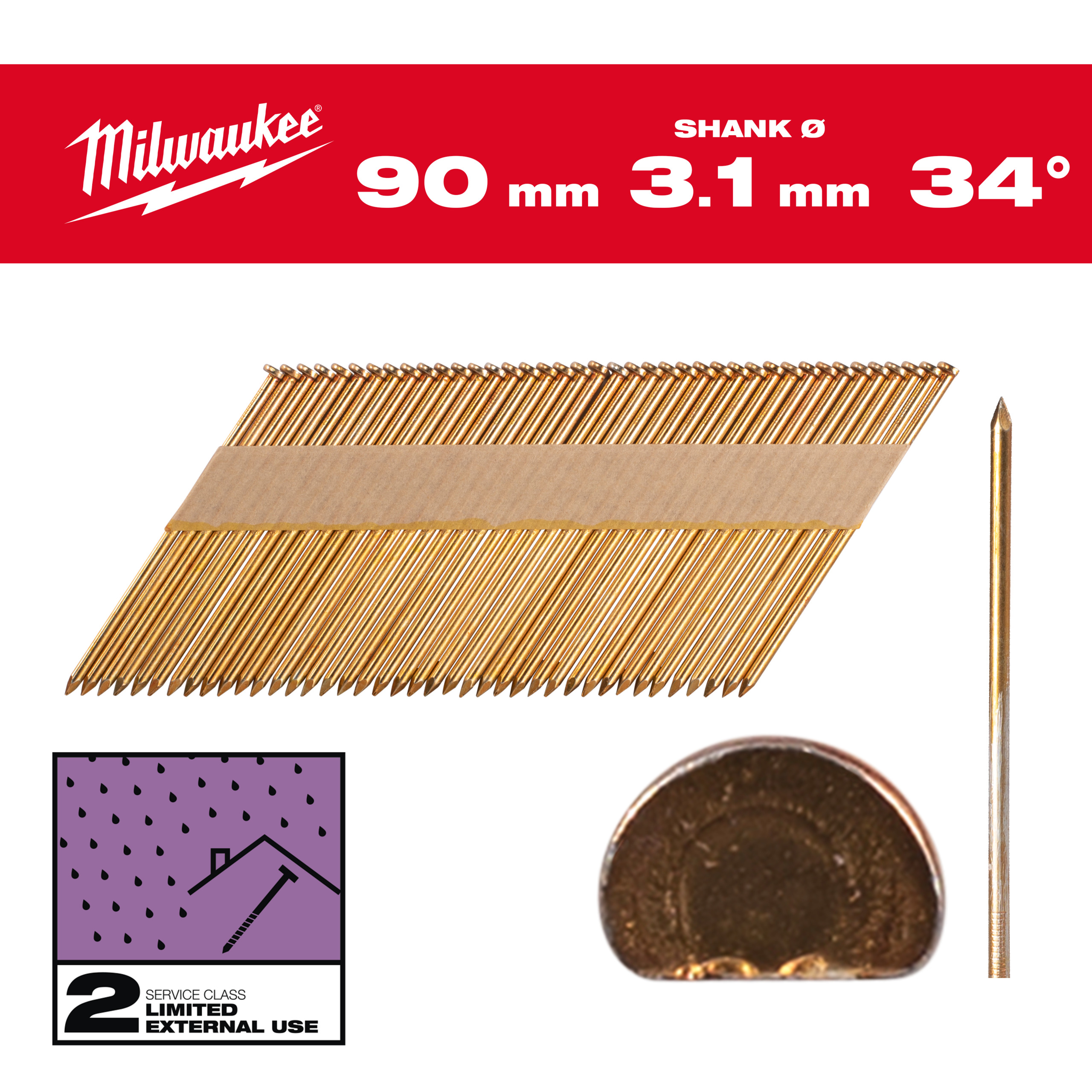 Milwaukee Nägel 7,4 x 3,1 90 mm, Glattschaft Stahl verzinkt, 34° D-Kopf-Nägel für M18FFN