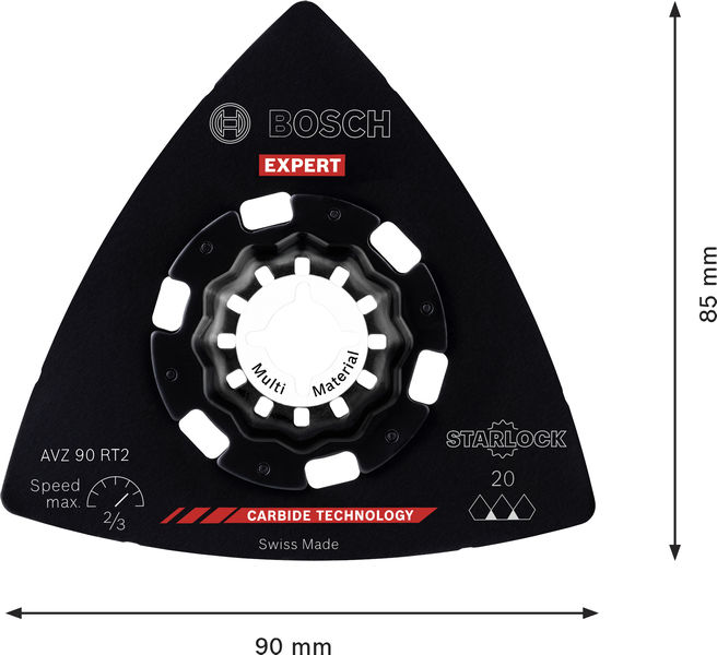 Bild der Produktabmessungen, triangle sanding pad, kreisförmiges lochmuster, Karbidtechnologie, Mehrfachmaterial, 85 mm