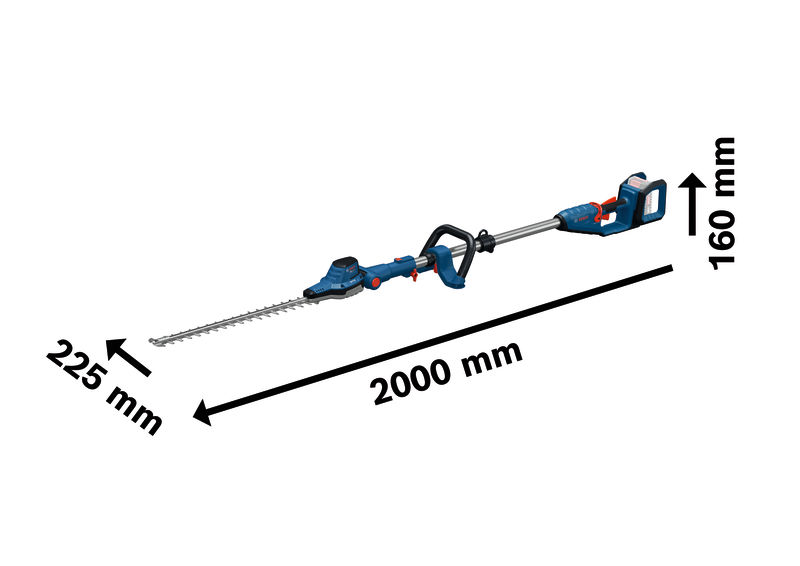 Bild der Produktabmessungen, Gartenheckenschere, Akku-Heckenschere, Länge 2000 mm, Ergonomischer Griff, Metallklinge