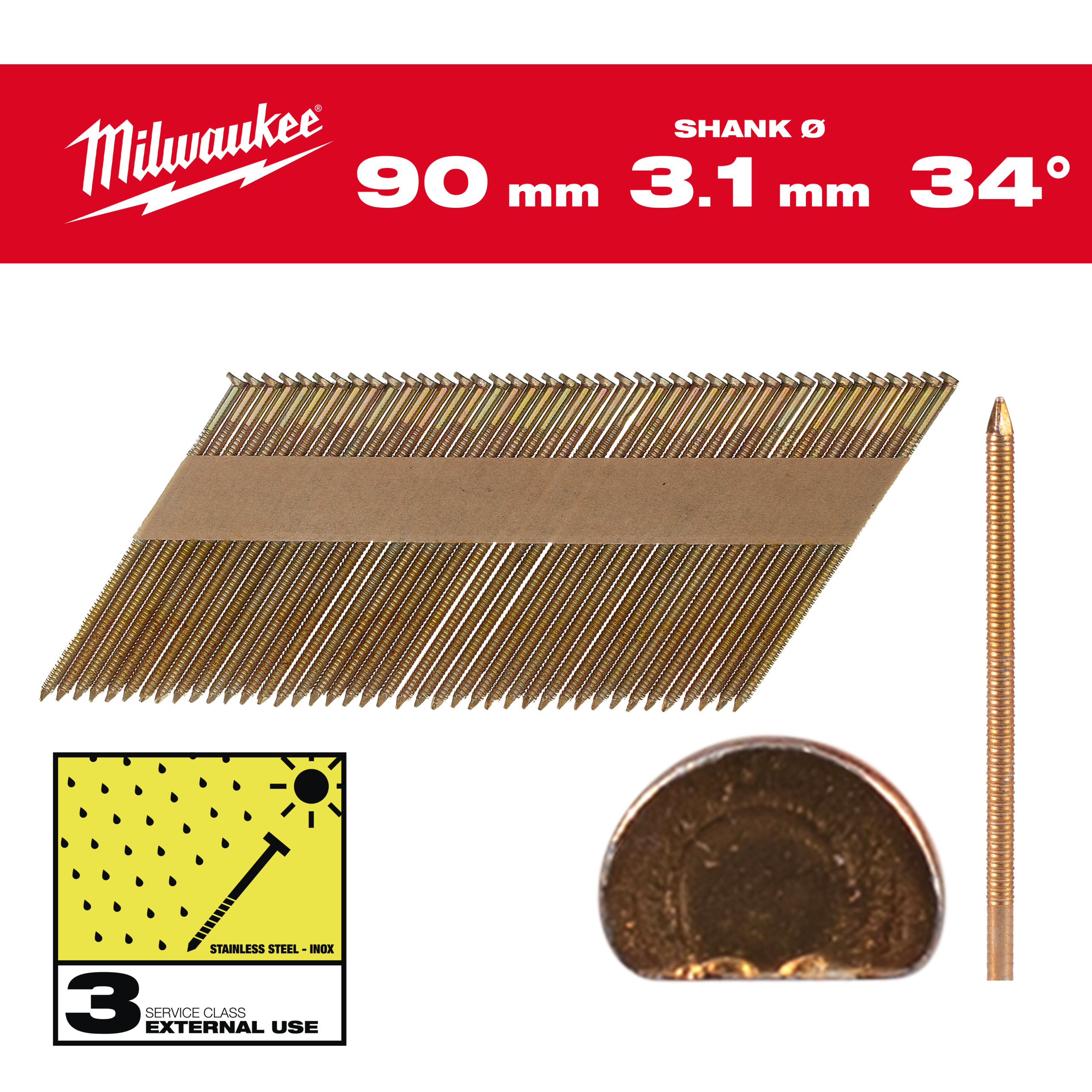 Milwaukee Nägel 7,4 x 3,1 90 mm, Ringschaft feuerverzinkt, 34° D-Kopf-Nägel für M18FFN
