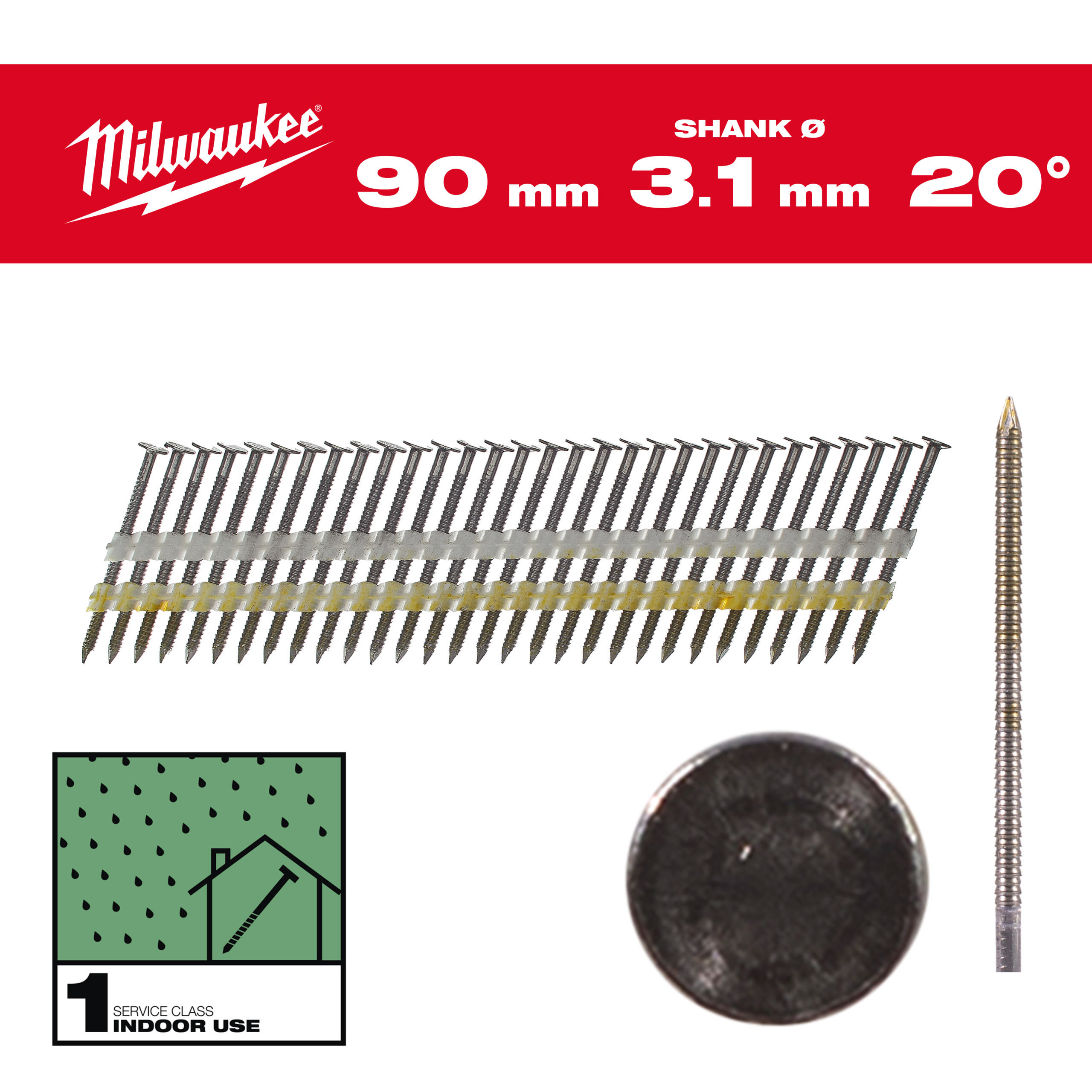 Milwaukee Nägel 7,4 x 3,1 90 mm, Ringschaft Stahl blank, 20° Rundkopf-Nägel für M18FFN21