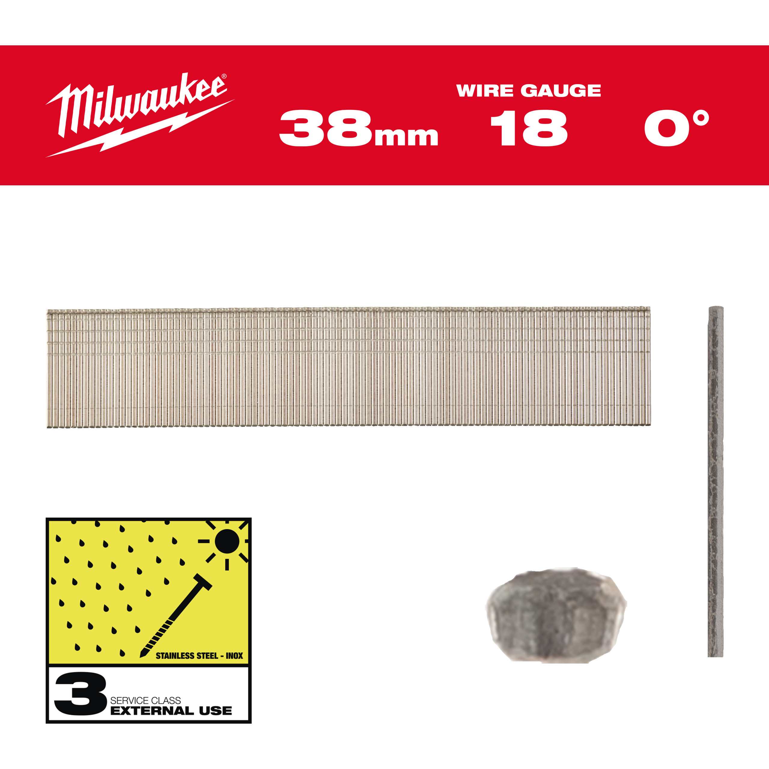 Milwaukee Nägel 1,05 x 1,25 38 mm Edelstahl, 0° Stauchkopf-Nägel 18 Gauge für M18CN18GS